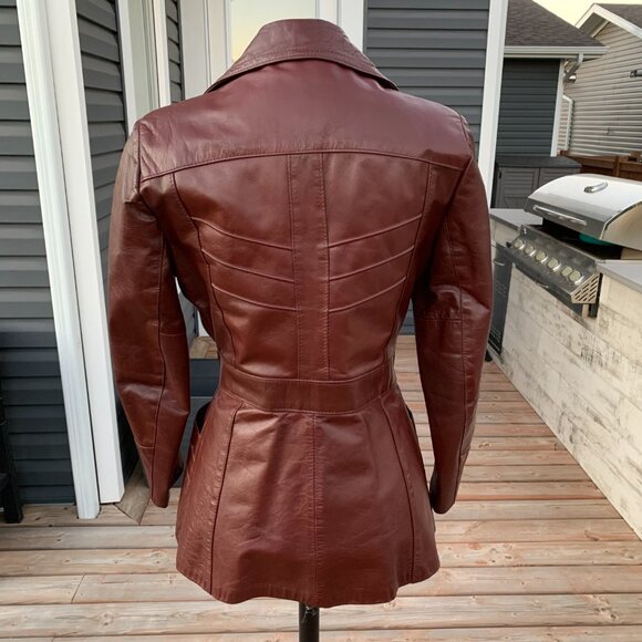 Vintage 70s Sears Burgundy Leather Quilt Lined Belted Blazer Jacket Trench Coat - Picture 6 of 16